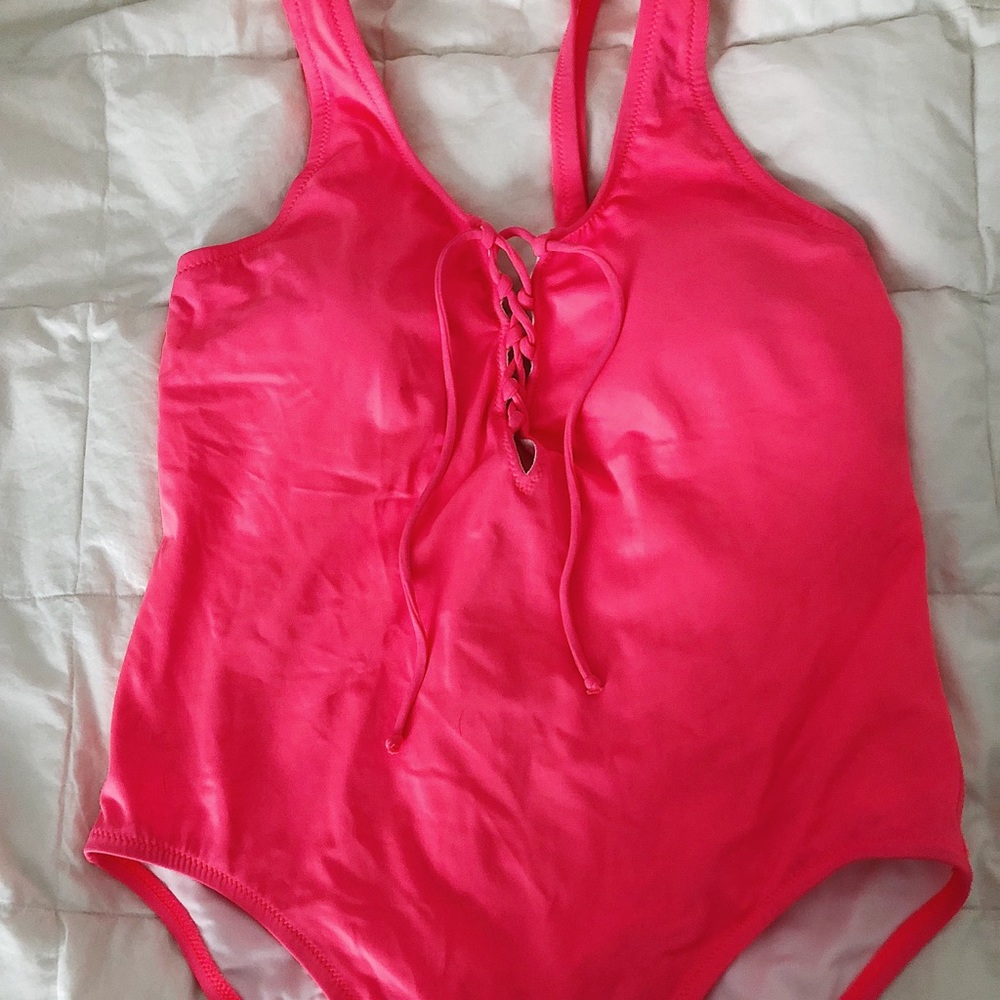 Bright PINK lace up one piece!